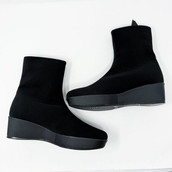 Stuart Weitzman Black Nylon Low Wedge Boots Women's 10.5N Side Zip Made in Spain - Picture 5 of 11